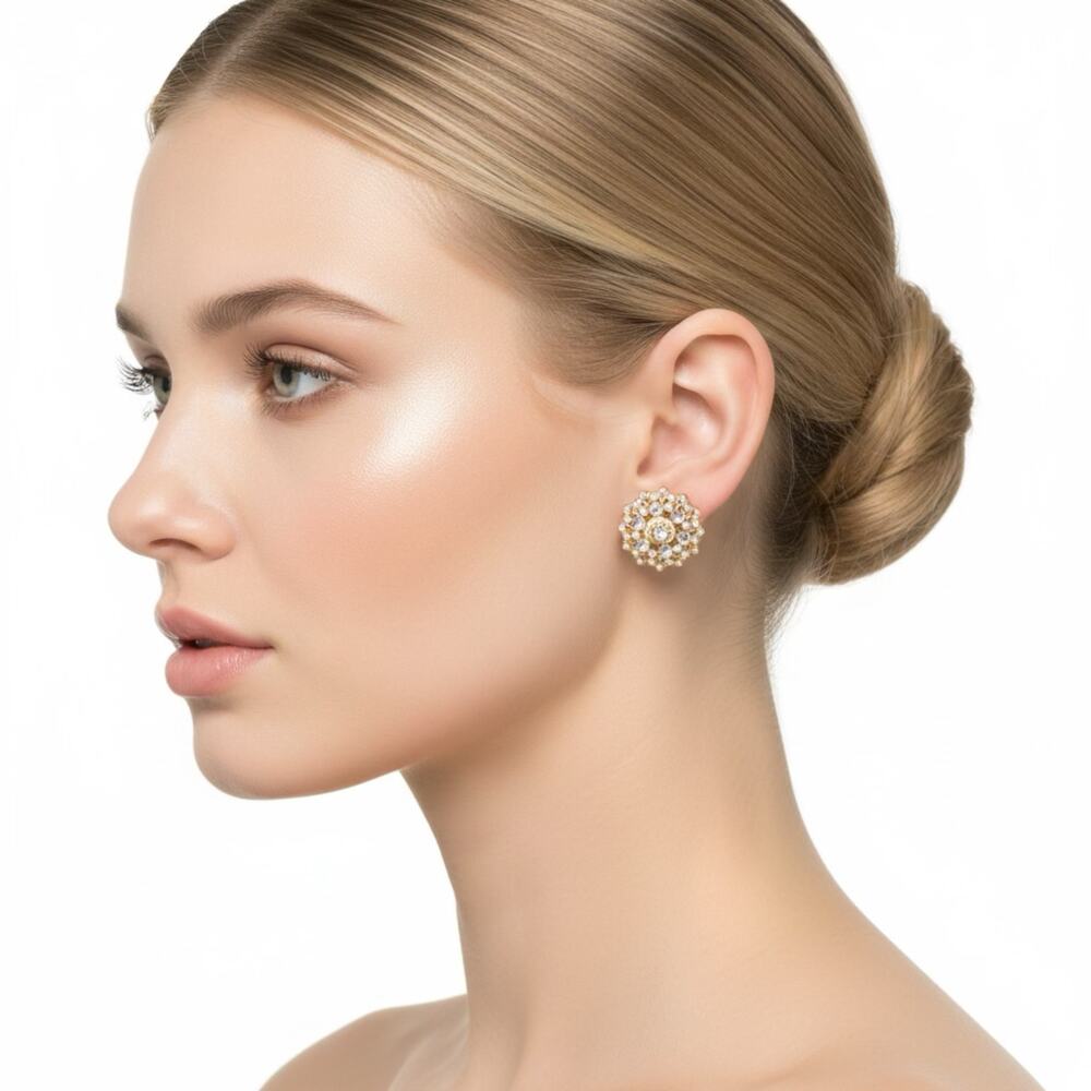 Vintage Gold Tone Filigree Rhinestone Cluster Clip Earrings